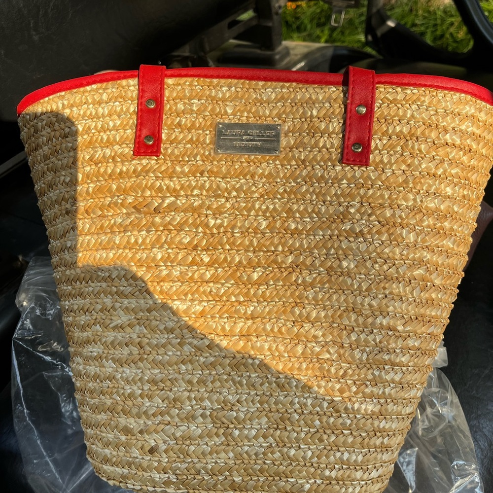 Laura Geller Straw Tote With Red Accents